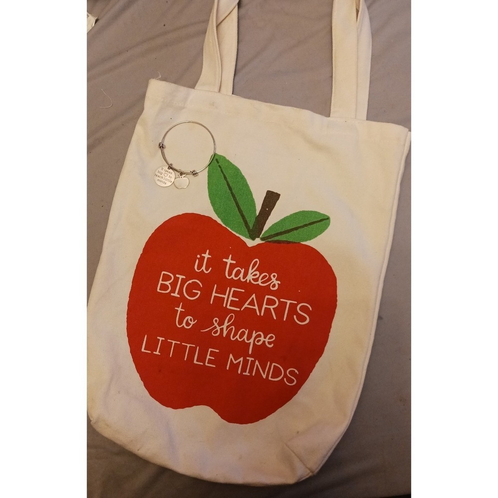 NEW Teacher Gift Set - Canvas Tote Bag‎ & Silver Bangle Bracelet, Big Heart Set